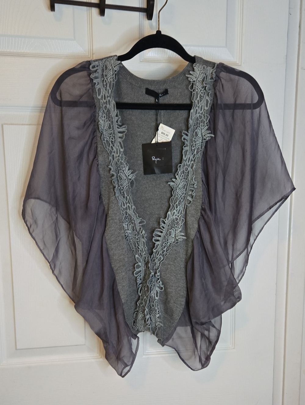 Ryu Gray Lace-Trim Sheer Sleeve Women's Sweater